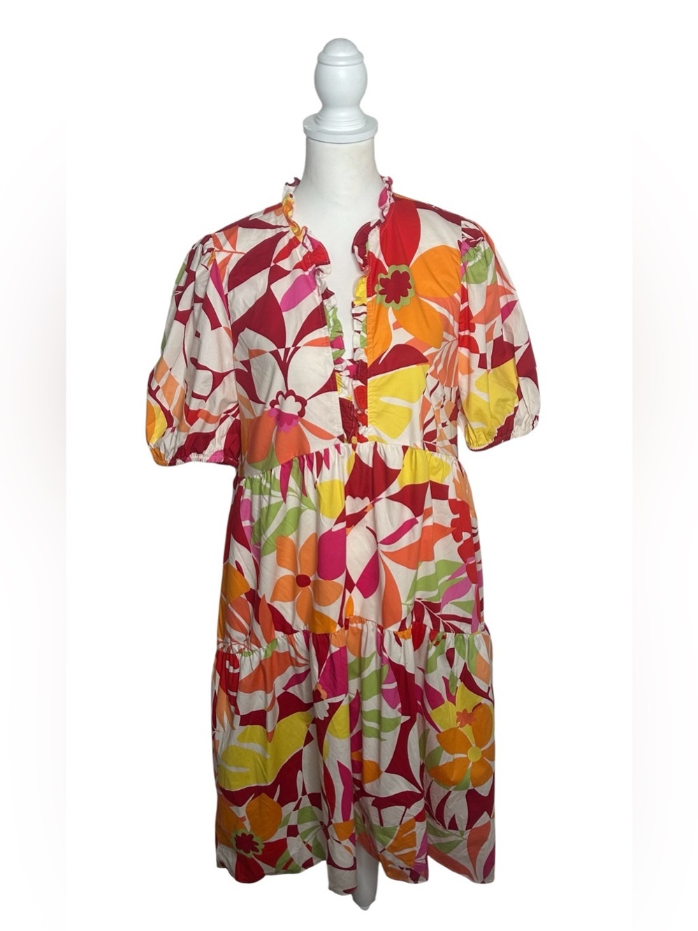 London Times Bright Floral Ruffle Tropical Dress EUC Sz 12 Resortwear Beach